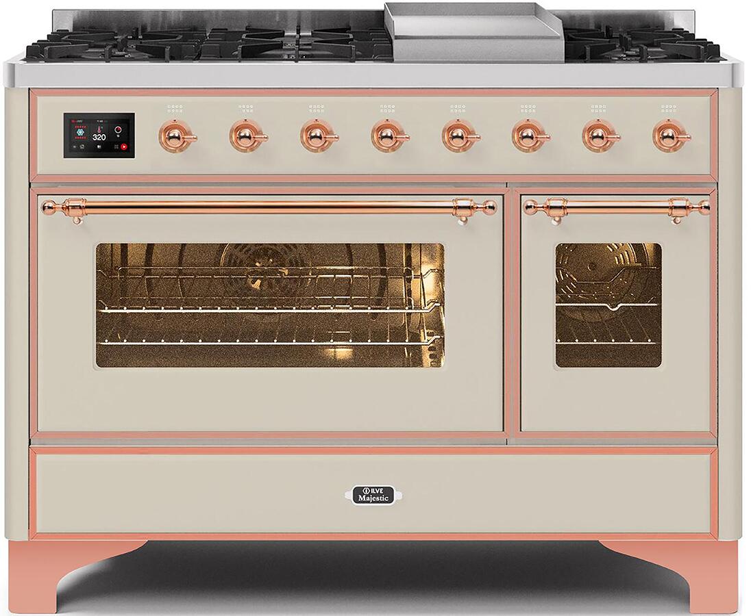 Ilve UM12FDNS3AWPLP Majestic Ii 48 Inch Dual Fuel Liquid Propane Freestanding Range In Antique White With Copper Trim