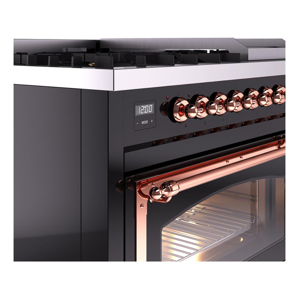 Ilve UN48FNMPBKPLP Ilve Un48Fnmpbkplp Nostalgie Ii Noblesse 48" Dual Fuel Range (8 Sealed Burners + Griddle, Liquid Propane, Triple Glass Door, Glossy Black, Copper)