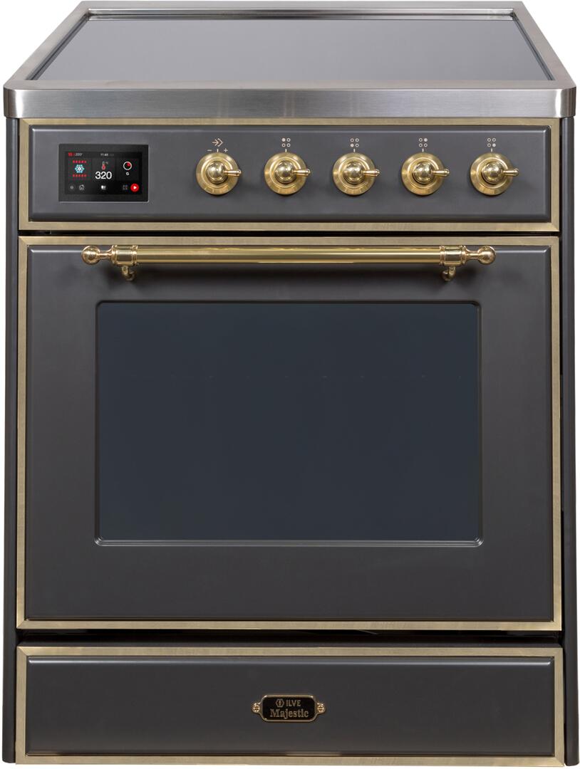 Ilve UMI30NE3MGG Majestic Ii 30 Inch Electric Freestanding Range In Matte Graphite With Brass Trim