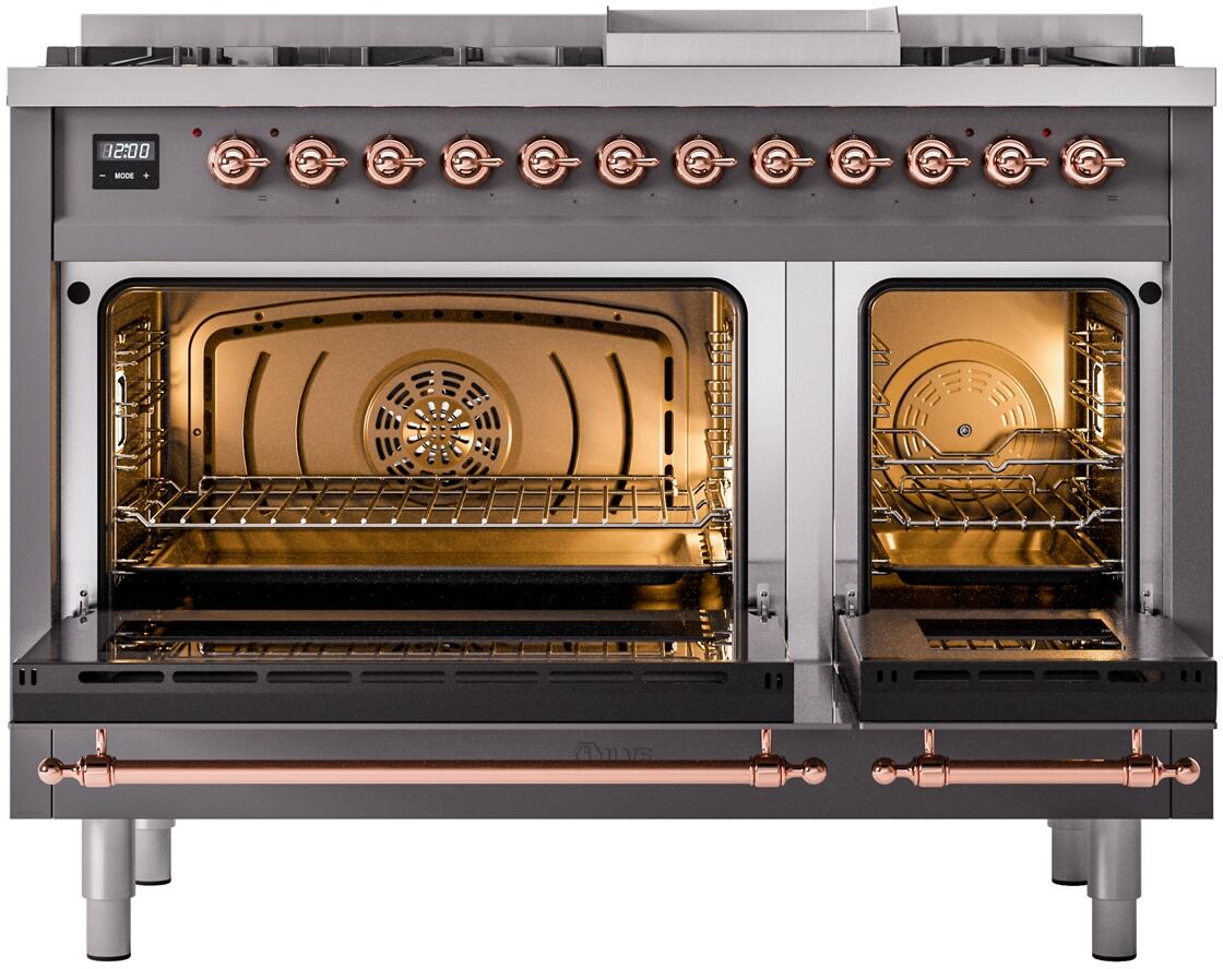 Ilve UP48FNMPMGPLP Nostalgie Ii 48 Inch Dual Fuel Liquid Propane Freestanding Range In Matte Graphite With Copper Trim