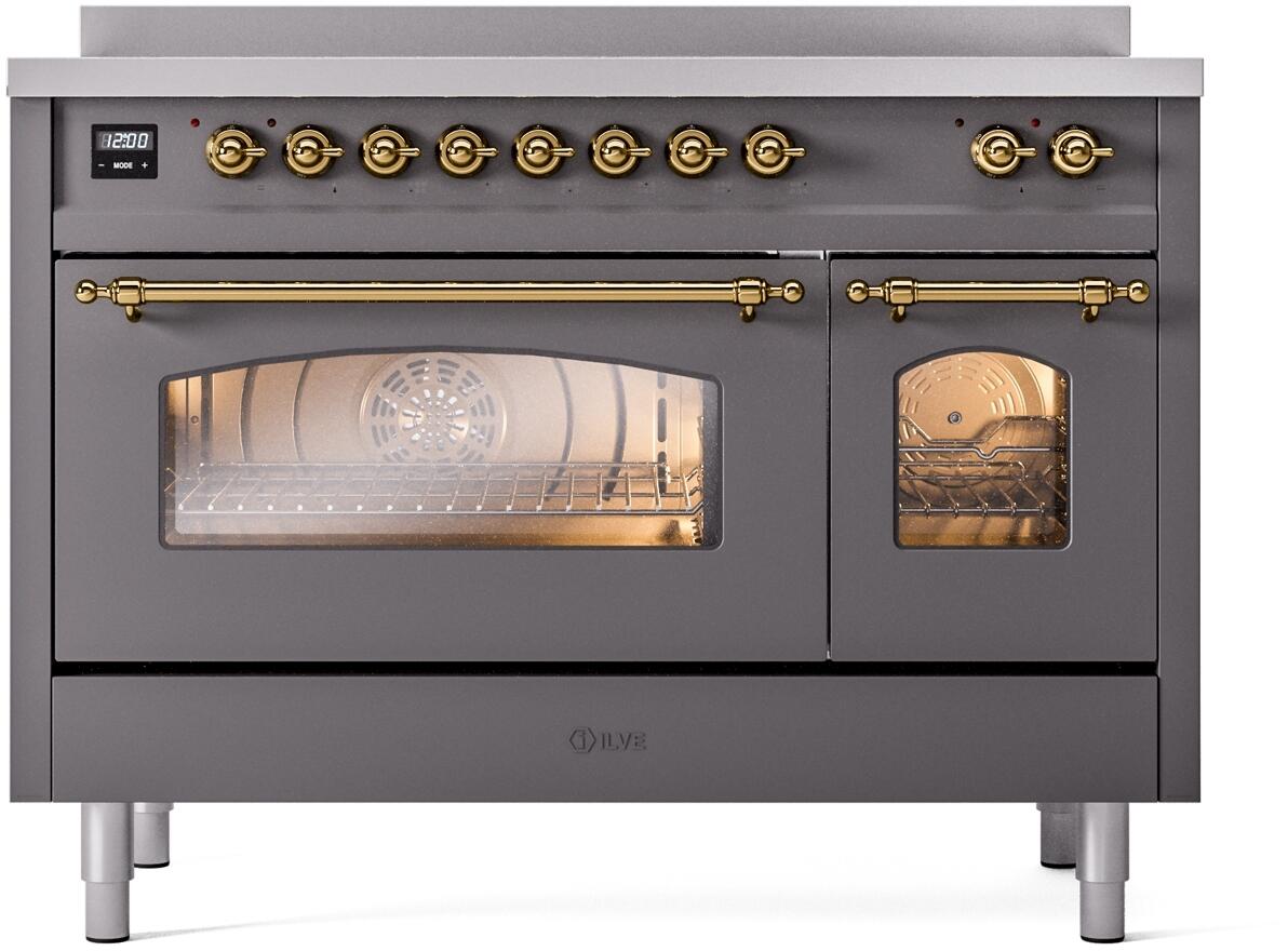 Ilve UPI486NMPMGG Nostalgie Ii 48 Inch Electric Freestanding Range In Matte Graphite With Brass Trim