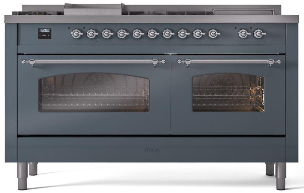 Ilve UP60FSNMPBGCLP Nostalgie Ii 60 Inch Dual Fuel Liquid Propane Freestanding Range In Blue Grey With Chrome Trim