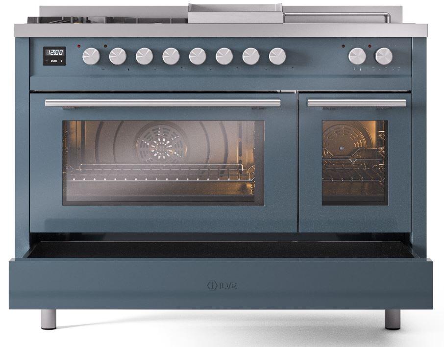 Ilve UP48FSWMPBG Professional Plus Ii 48 Inch Dual Fuel Natural Gas Freestanding Range In Blue Grey With Trim