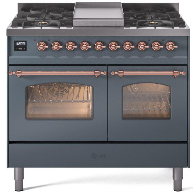 Ilve UPD40FNMPBGPLP Nostalgie Ii 40 Inch Dual Fuel Liquid Propane Freestanding Range In Blue Grey With Copper Trim