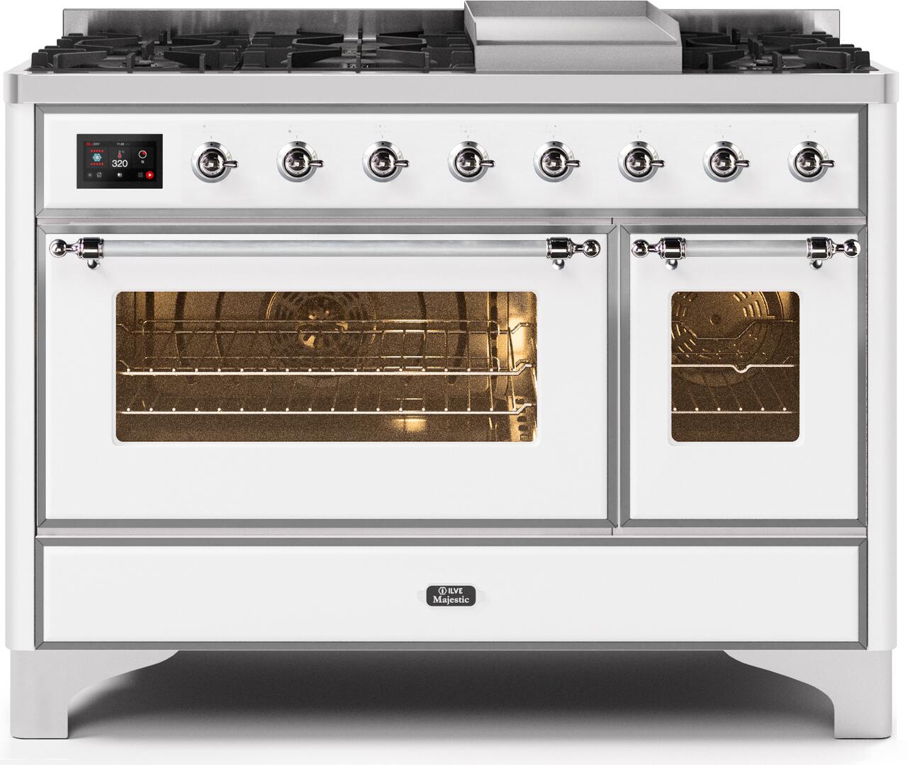 Ilve UM12FDNS3WHCLP Majestic Ii 48 Inch Dual Fuel Liquid Propane Freestanding Range In White With Chrome Trim