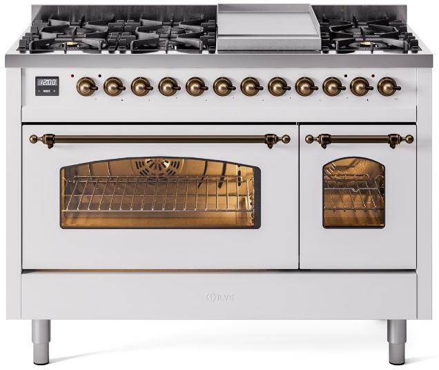 Ilve UP48FNMPWHB Nostalgie Ii 48 Inch Dual Fuel Natural Gas Freestanding Range In White With Bronze Trim