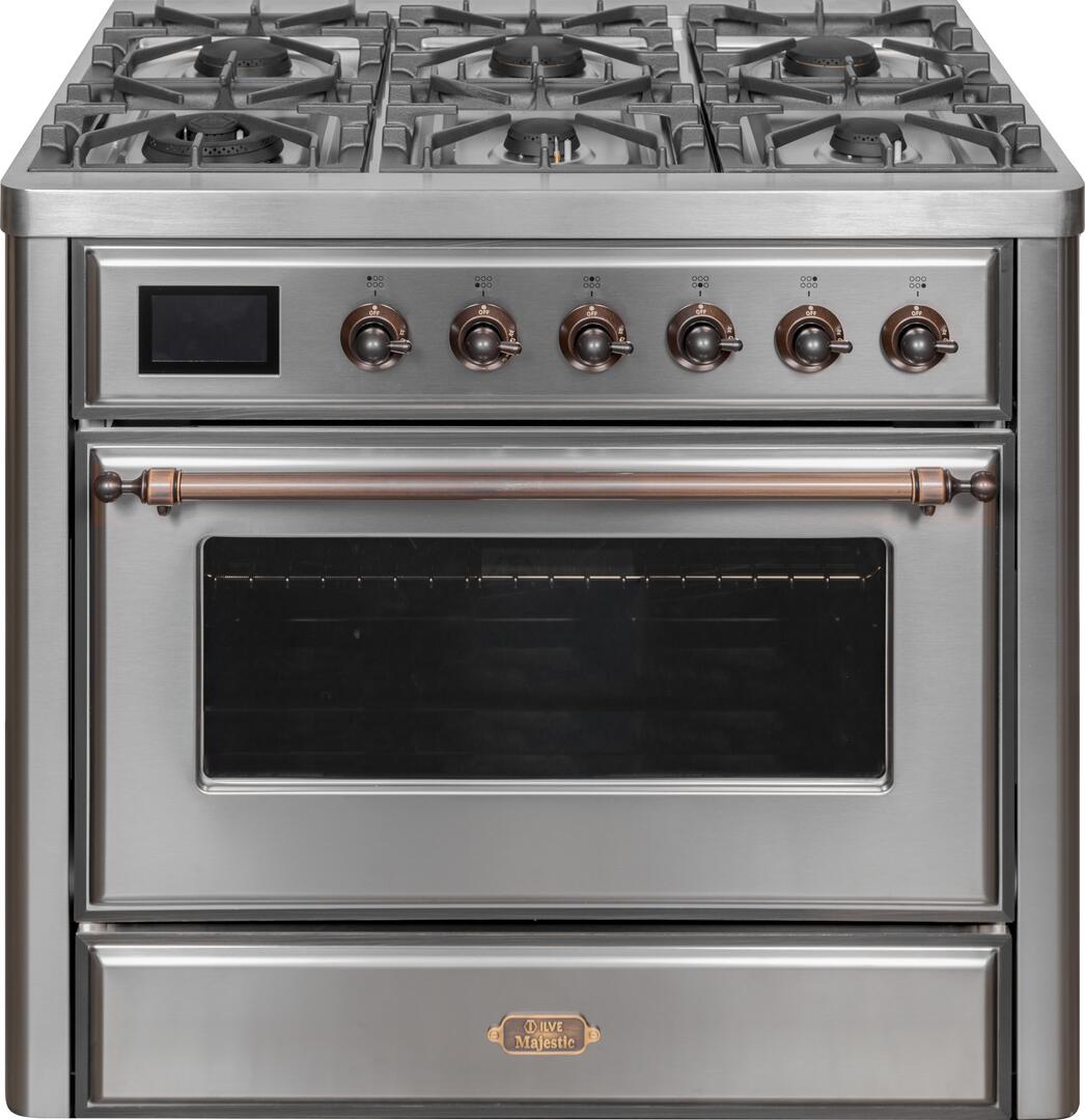 Ilve UM09FDNS3SSBLP Majestic Ii 36 Inch Dual Fuel Liquid Propane Freestanding Range In Stainless Steel With Bronze Trim