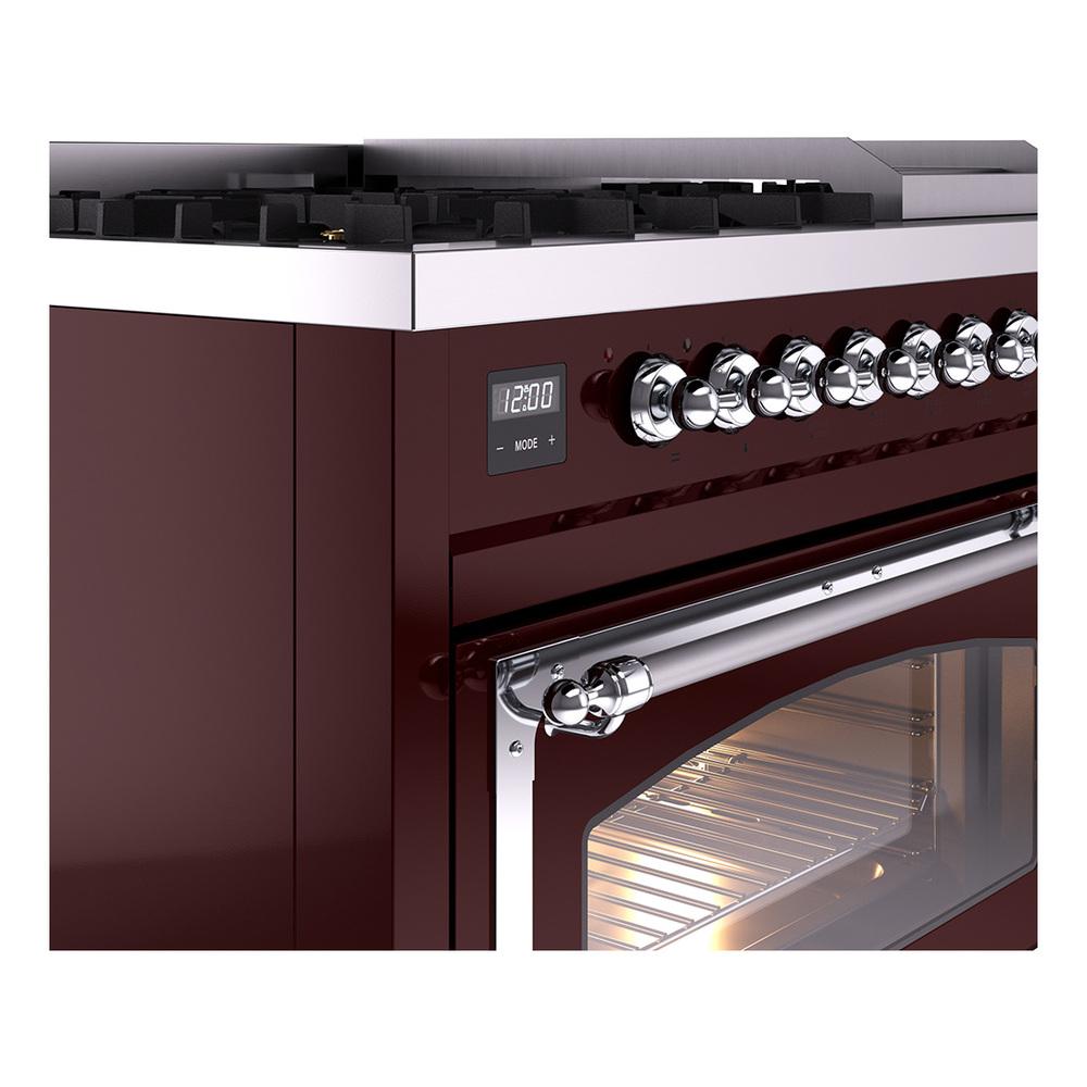 Ilve UN48FNMPBUCLP Ilve Un48Fnmpbuclp Nostalgie Ii Noblesse 48" Dual Fuel Range (8 Sealed Burners + Griddle, Liquid Propane, Triple Glass Door, Burgundy, Chrome)