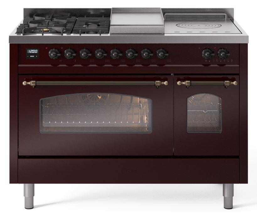 Ilve UP48FSNMPBUBLP Nostalgie Ii 48 Inch Dual Fuel Liquid Propane Freestanding Range In Burgundy With Bronze Trim