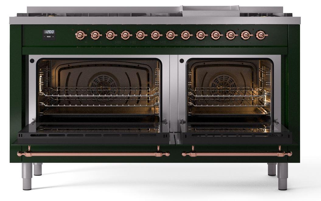 Ilve UP60FNMPEGPLP Nostalgie Ii 60 Inch Dual Fuel Liquid Propane Freestanding Range In Emerald Green With Copper Trim