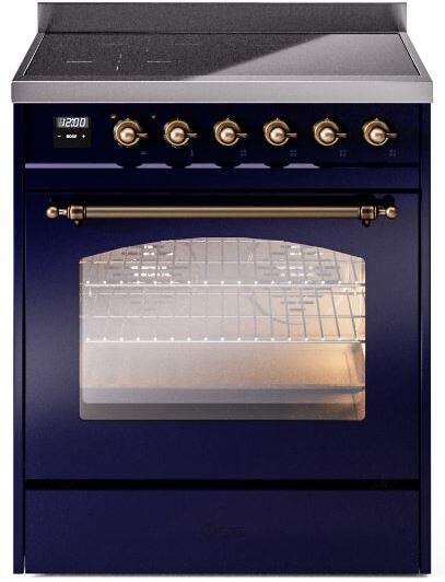 Ilve UPI304NMPMBB Nostalgie Ii 30 Inch Electric Freestanding Range In Blue With Bronze Trim