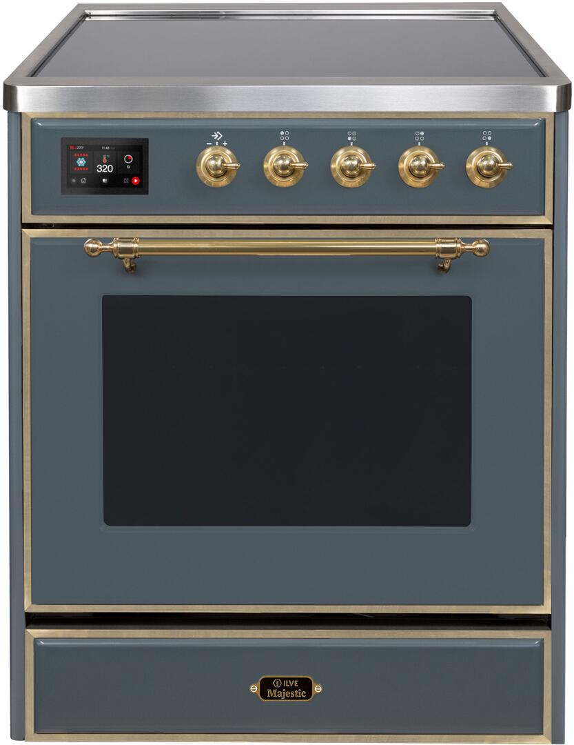 Ilve UMI30NE3BGG Majestic Ii 30 Inch Electric Freestanding Range In Blue Grey With Brass Trim