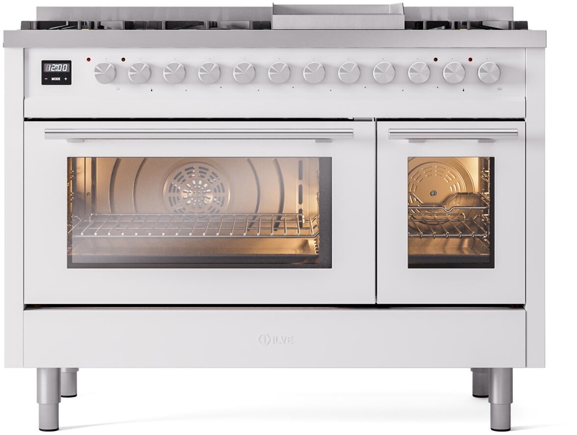 Ilve UP48FWMPWH Professional Plus Ii 48 Inch Dual Fuel Natural Gas Freestanding Range In White With Trim