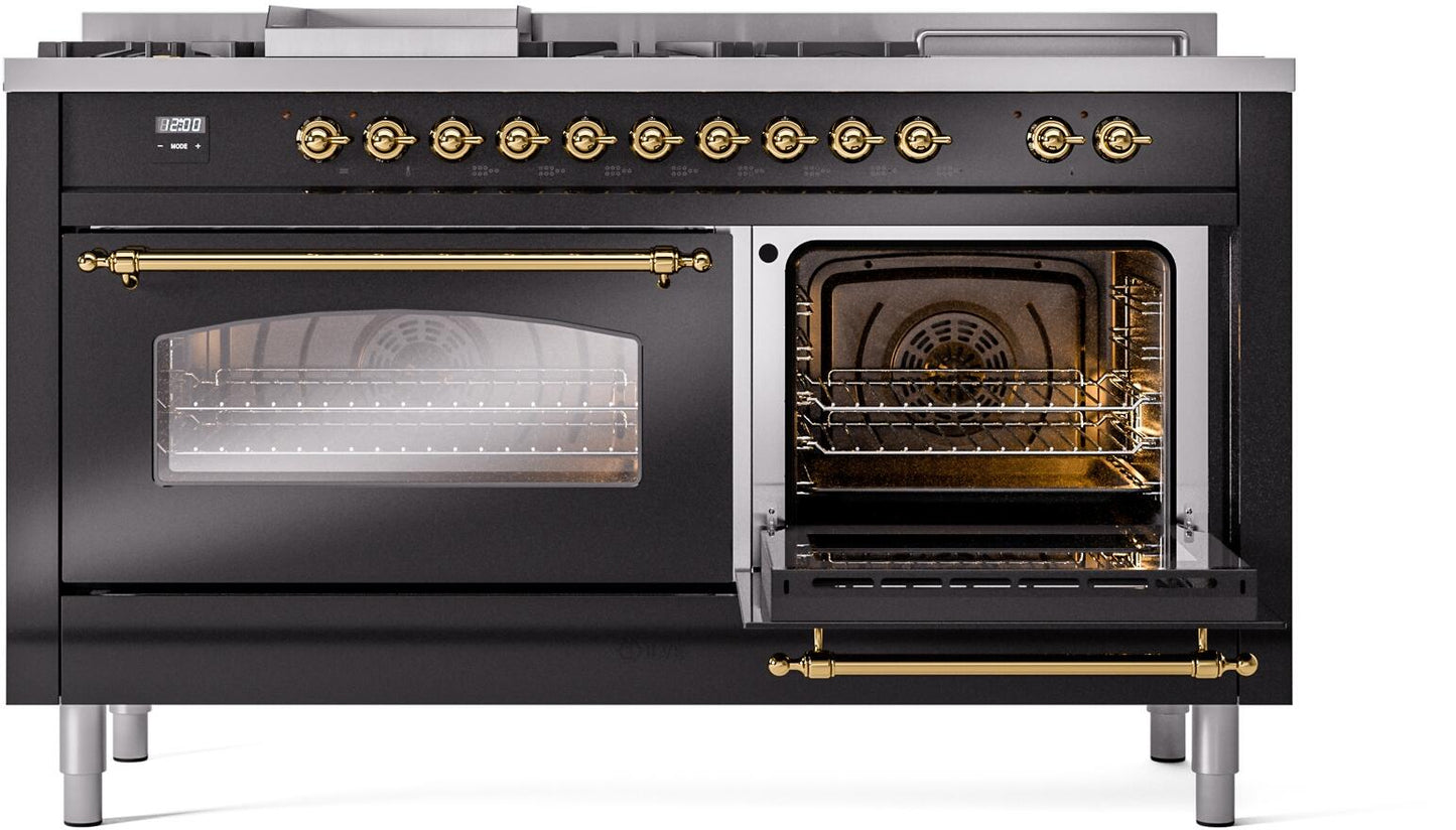 Ilve UP60FSNMPBKG Nostalgie Ii 60 Inch Dual Fuel Natural Gas Freestanding Range In Glossy Black With Brass Trim