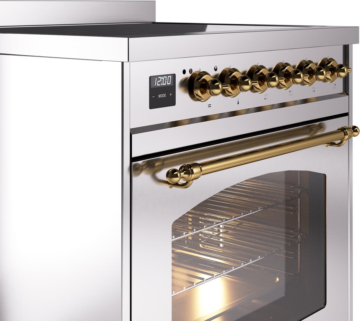 Ilve UPI304NMPSSG Nostalgie Ii 30 Inch Electric Freestanding Range In Stainless Steel With Brass Trim