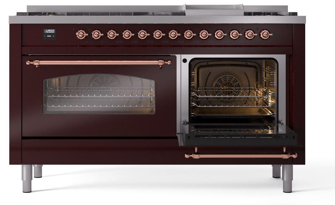 Ilve UP60FNMPBUP Nostalgie Ii 60 Inch Dual Fuel Natural Gas Freestanding Range In Burgundy With Copper Trim