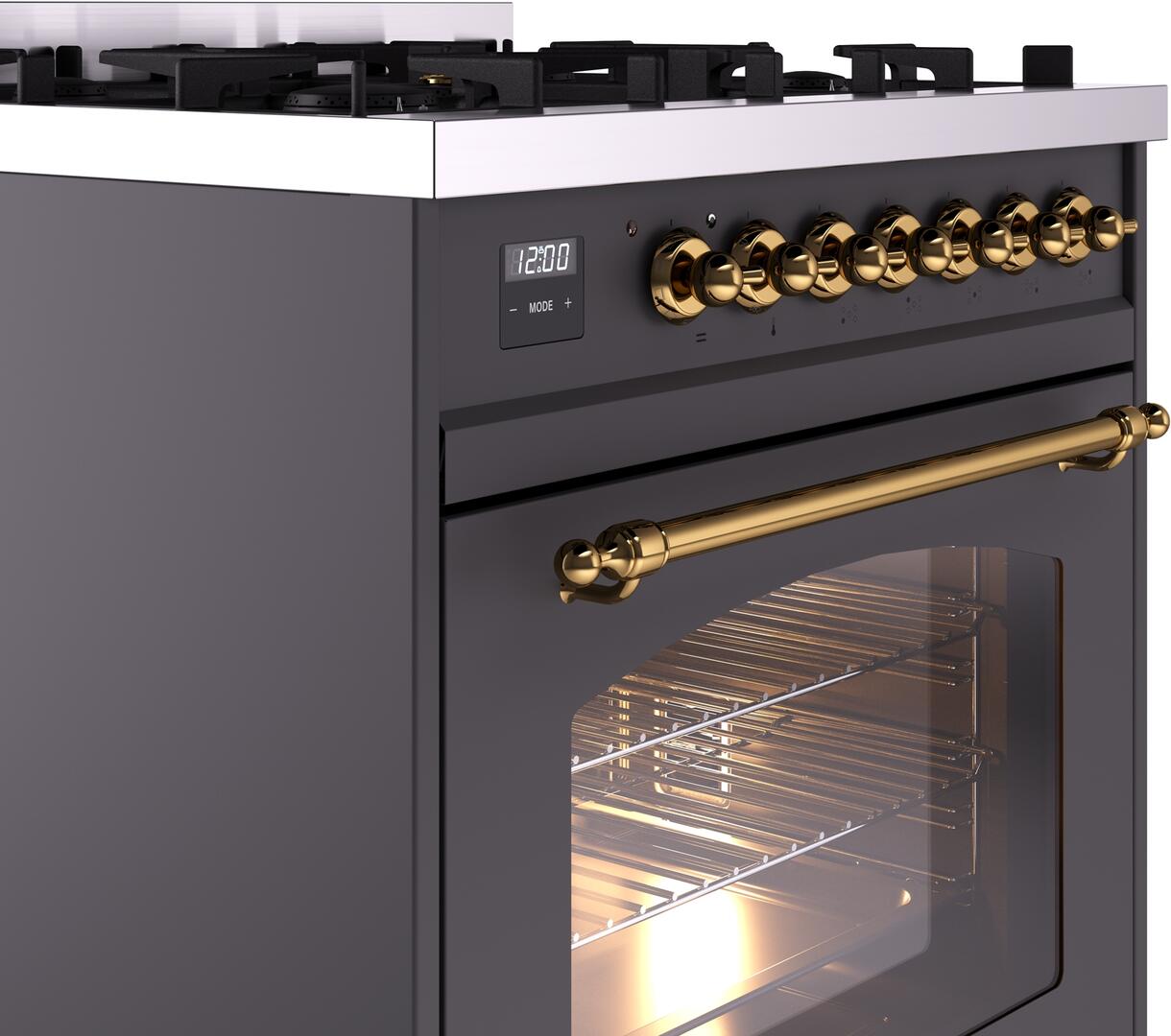 Ilve UP30NMPMGG Nostalgie Ii 30 Inch Dual Fuel Natural Gas Freestanding Range In Matte Graphite With Brass Trim