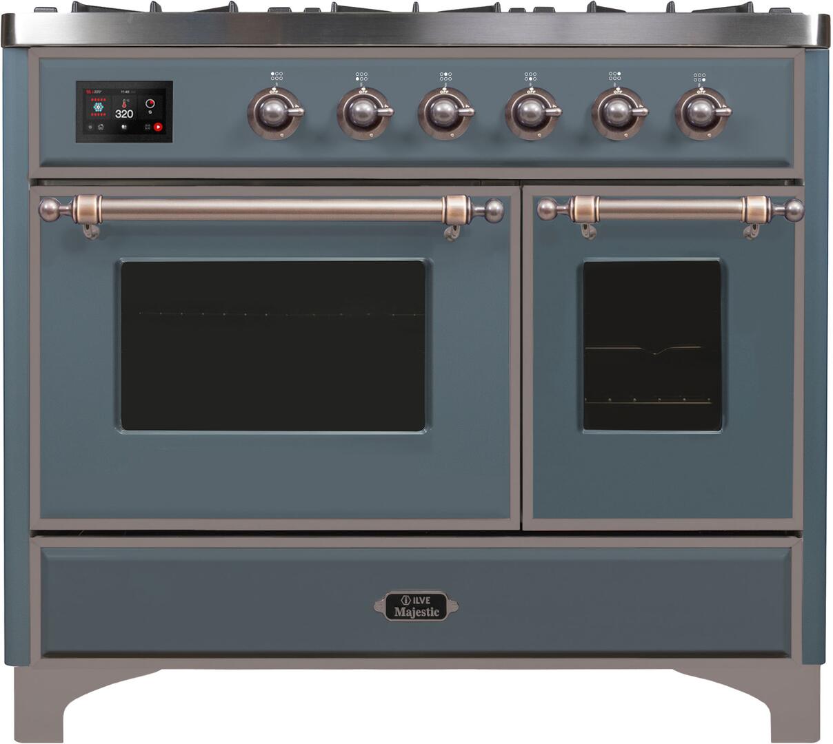 Ilve UMD10FDNS3BGBLP Majestic Ii 40 Inch Dual Fuel Liquid Propane Freestanding Range In Blue Grey With Bronze Trim