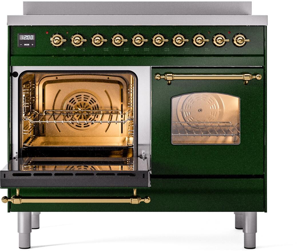 Ilve UPDI406NMPEGG Nostalgie Ii 40 Inch Electric Freestanding Range In Emerald Green With Brass Trim