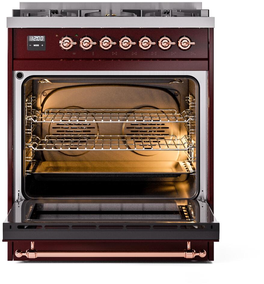 Ilve UP30NMPBUPLP Nostalgie Ii 30 Inch Dual Fuel Liquid Propane Freestanding Range In Burgundy With Copper Trim