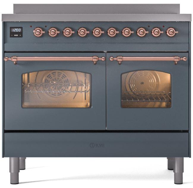 Ilve UPDI406NMPBGP Nostalgie Ii 40 Inch Electric Freestanding Range In Blue Grey With Copper Trim