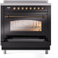 Ilve UPI366NMPBKB Nostalgie Ii 36 Inch Electric Freestanding Range In Glossy Black With Bronze Trim