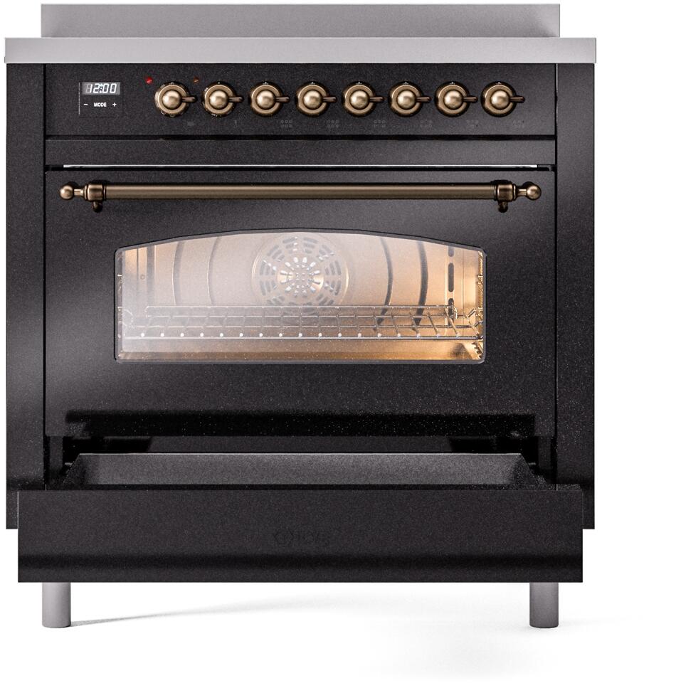 Ilve UPI366NMPBKB Nostalgie Ii 36 Inch Electric Freestanding Range In Glossy Black With Bronze Trim