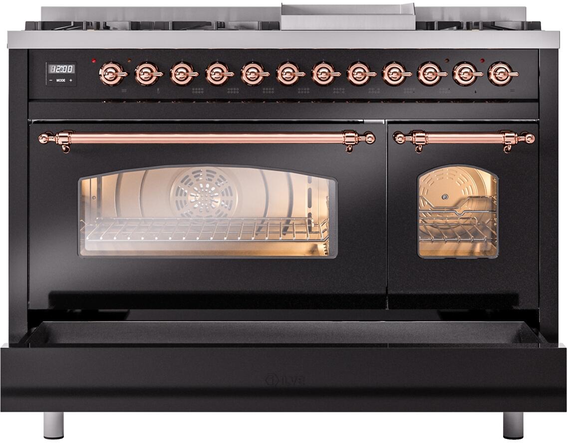 Ilve UP48FNMPBKPLP Nostalgie Ii 48 Inch Dual Fuel Liquid Propane Freestanding Range In Glossy Black With Copper Trim