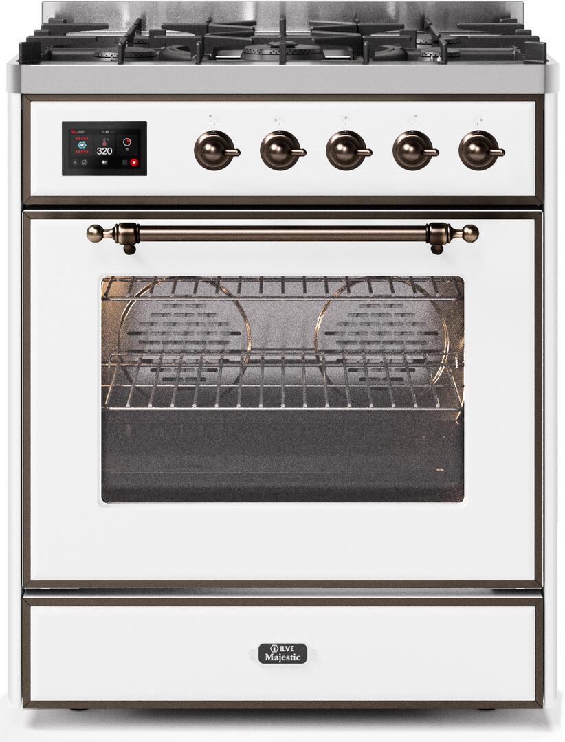 Ilve UM30DNE3WHBLP Majestic Ii 30 Inch Dual Fuel Liquid Propane Freestanding Range In White With Bronze Trim