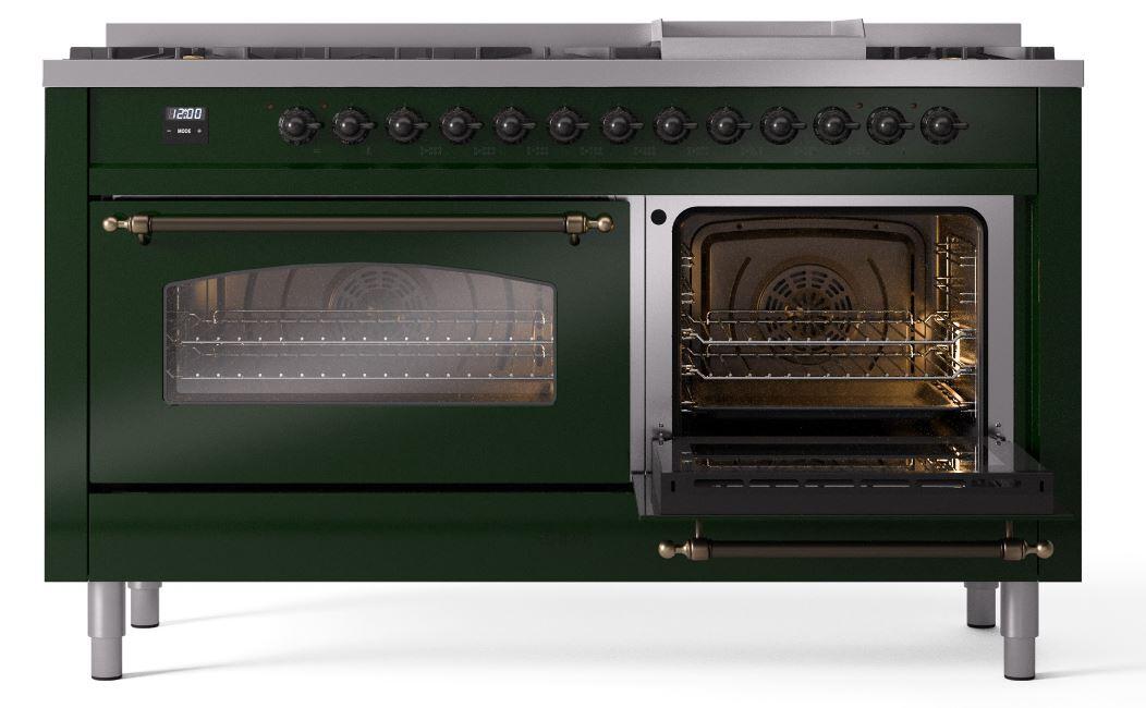 Ilve UP60FNMPEGB Nostalgie Ii 60 Inch Dual Fuel Natural Gas Freestanding Range In Emerald Green With Bronze Trim