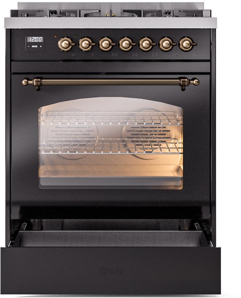 Ilve UP30NMPBKB Nostalgie Ii 30 Inch Dual Fuel Natural Gas Freestanding Range In Glossy Black With Bronze Trim