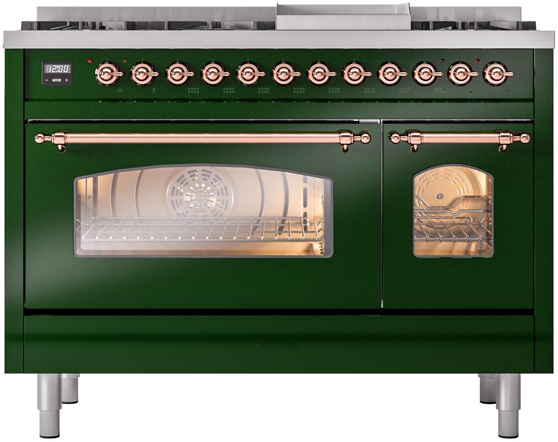 Ilve UP48FNMPEGP Nostalgie Ii 48 Inch Dual Fuel Natural Gas Freestanding Range In Emerald Green With Copper Trim