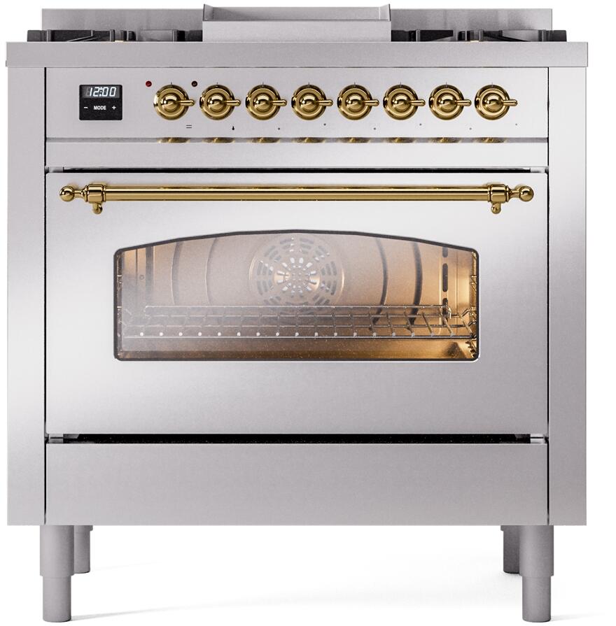 Ilve UP36FNMPSSG Nostalgie Ii 36 Inch Dual Fuel Natural Gas Freestanding Range In Stainless Steel With Brass Trim