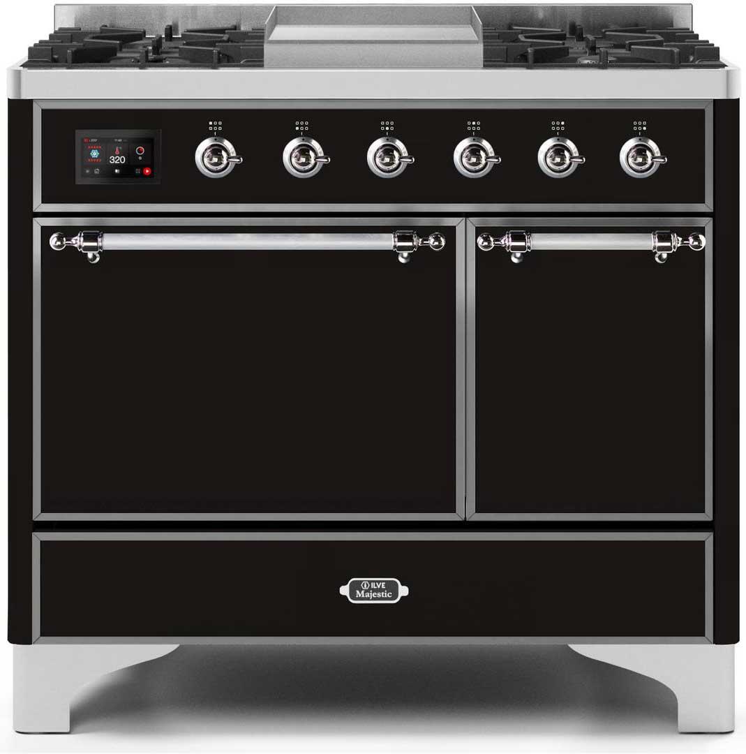 Ilve UMD10FDQNS3BKC Majestic Ii 40 Inch Dual Fuel Natural Gas Freestanding Range In Glossy Black With Chrome Trim