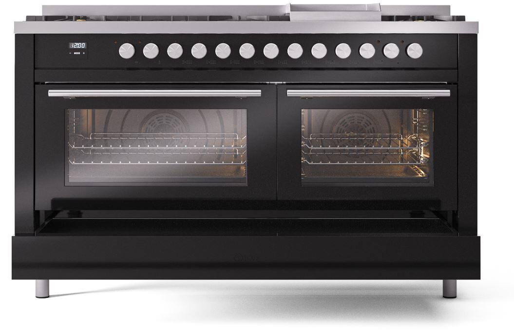 Ilve UP60FWMPBK Professional Plus Ii 60 Inch Dual Fuel Natural Gas Freestanding Range In Glossy Black With Trim