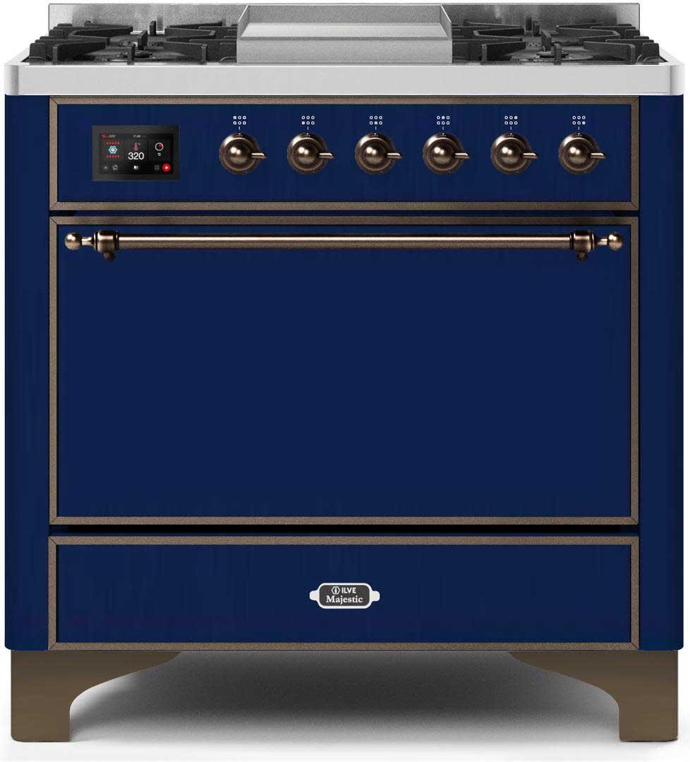 Ilve UM09FDQNS3MBBLP Majestic Ii 36 Inch Dual Fuel Liquid Propane Freestanding Range In Blue With Bronze Trim