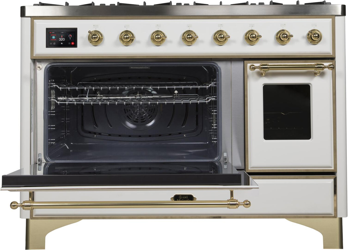 Ilve UM12FDNS3WHG Majestic Ii 48 Inch Dual Fuel Natural Gas Freestanding Range In White With Brass Trim