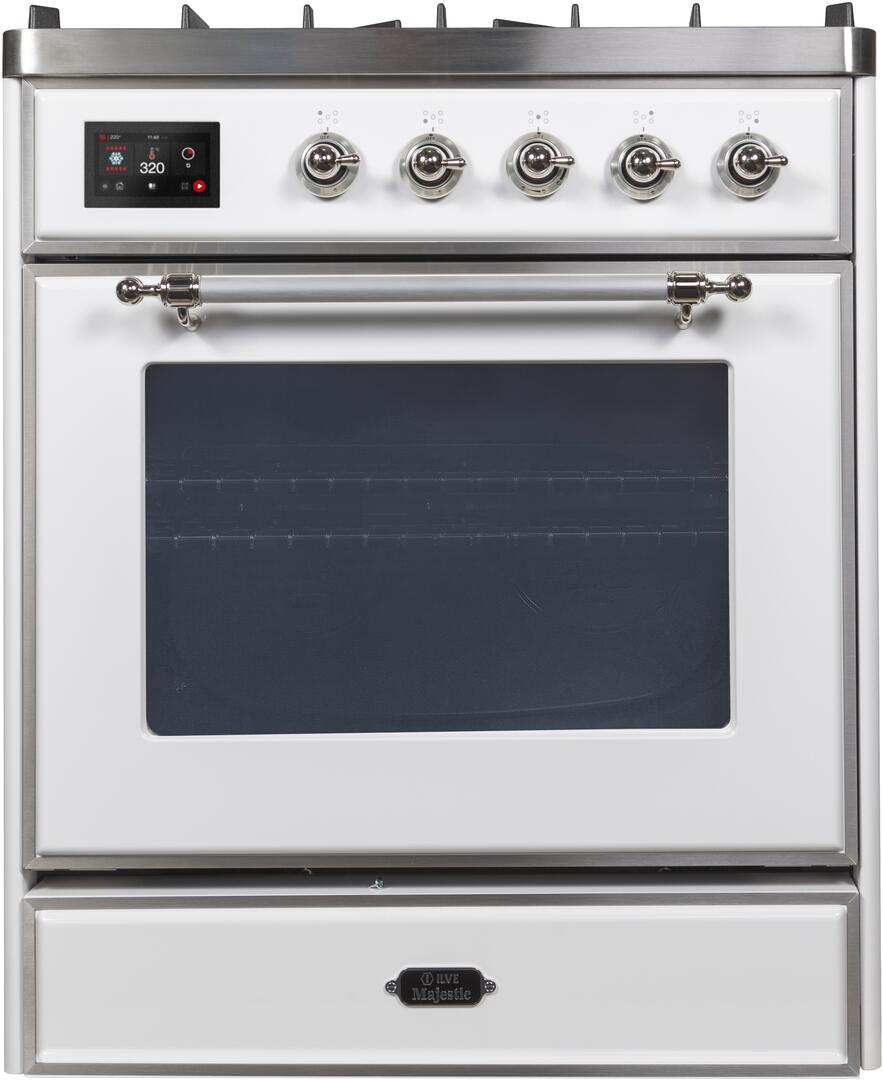 Ilve UM30DNE3WHC Majestic Ii 30 Inch Dual Fuel Natural Gas Freestanding Range In White With Chrome Trim