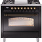 Ilve UP36FNMPBKB Nostalgie Ii 36 Inch Dual Fuel Natural Gas Freestanding Range In Glossy Black With Bronze Trim