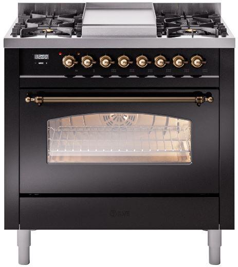 Ilve UP36FNMPBKB Nostalgie Ii 36 Inch Dual Fuel Natural Gas Freestanding Range In Glossy Black With Bronze Trim