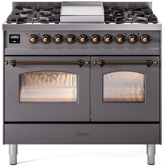 Ilve UPD40FNMPMGB Nostalgie Ii 40 Inch Dual Fuel Natural Gas Freestanding Range In Matte Graphite With Bronze Trim