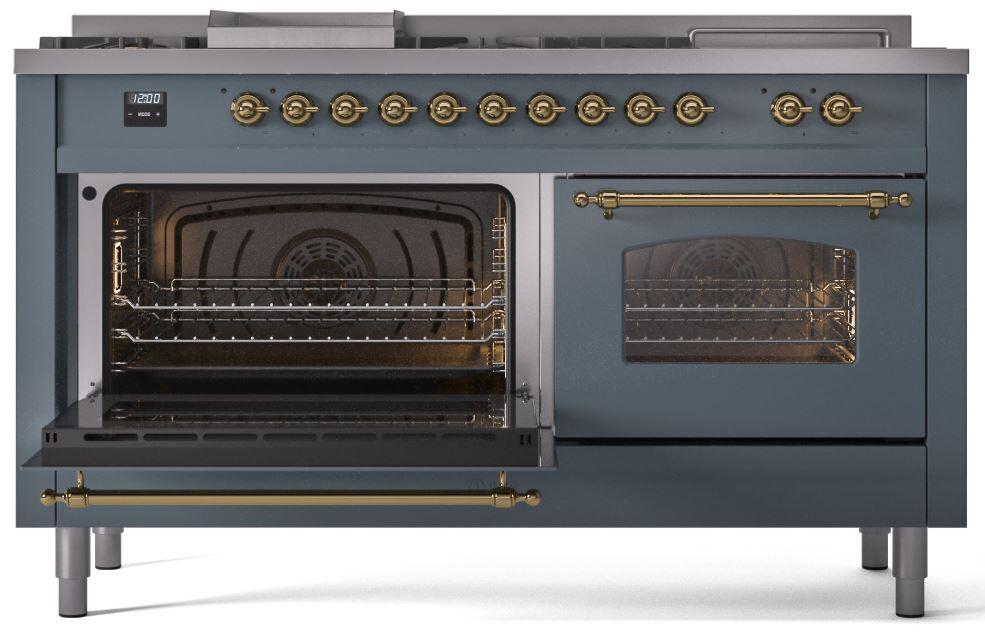 Ilve UP60FSNMPBGGLP Nostalgie Ii 60 Inch Dual Fuel Liquid Propane Freestanding Range In Blue Grey With Brass Trim