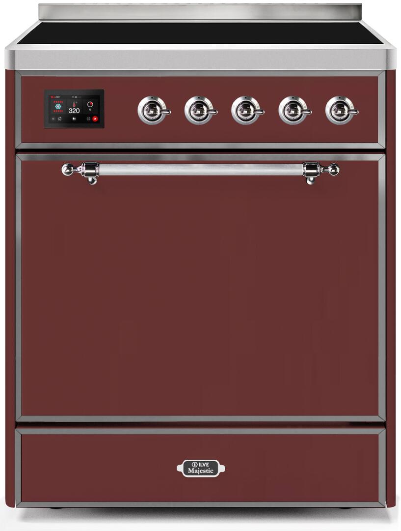 Ilve UMI30QNE3BUC Majestic Ii 30 Inch Electric Freestanding Range In Burgundy With Chrome Trim