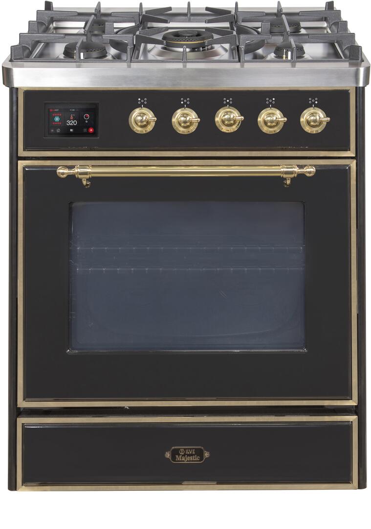 Ilve UM30DNE3BKG Majestic Ii 30 Inch Dual Fuel Natural Gas Freestanding Range In Glossy Black With Brass Trim