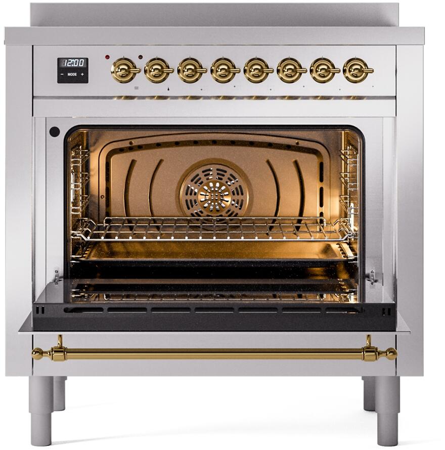 Ilve UPI366NMPSSG Nostalgie Ii 36 Inch Electric Freestanding Range In Stainless Steel With Brass Trim