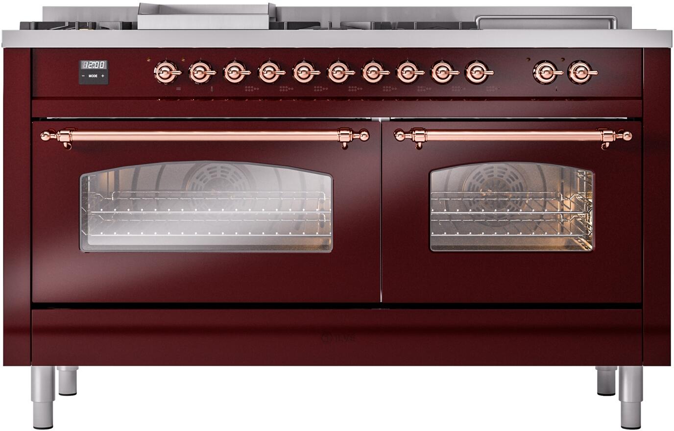 Ilve UP60FSNMPBUP Nostalgie Ii 60 Inch Dual Fuel Natural Gas Freestanding Range In Burgundy With Copper Trim