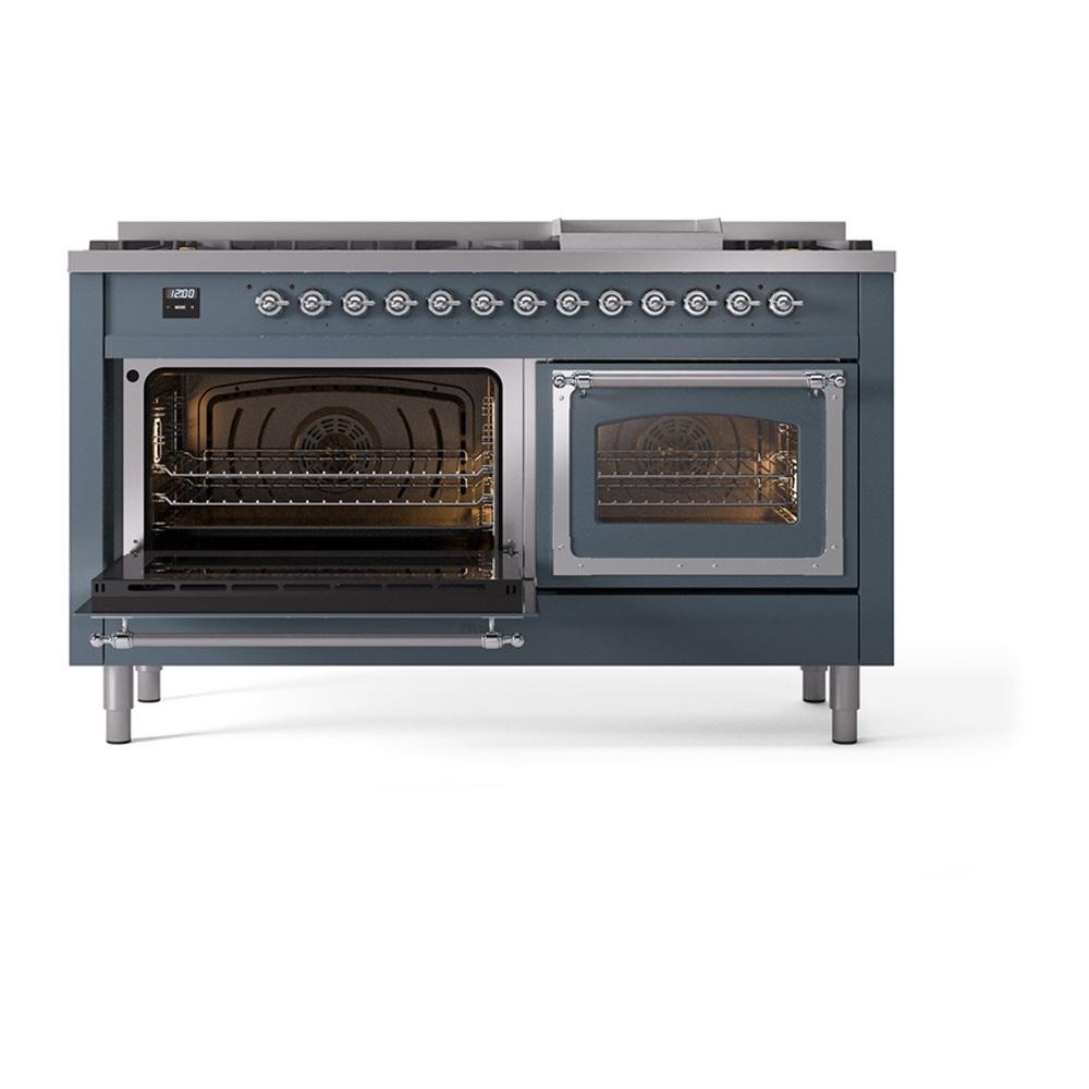 Ilve UN60FNMPBGC Ilve Un60Fnmpbgc Nostalgie Ii Noblesse 60" Dual Fuel Range (9 Sealed Burners + Griddle, Natural Gas, Triple Glass Door, Blue Grey, Chrome)