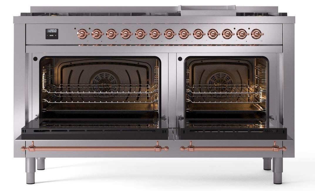 Ilve UP60FNMPSSPLP Nostalgie Ii 60 Inch Dual Fuel Liquid Propane Freestanding Range In Stainless Steel With Copper Trim