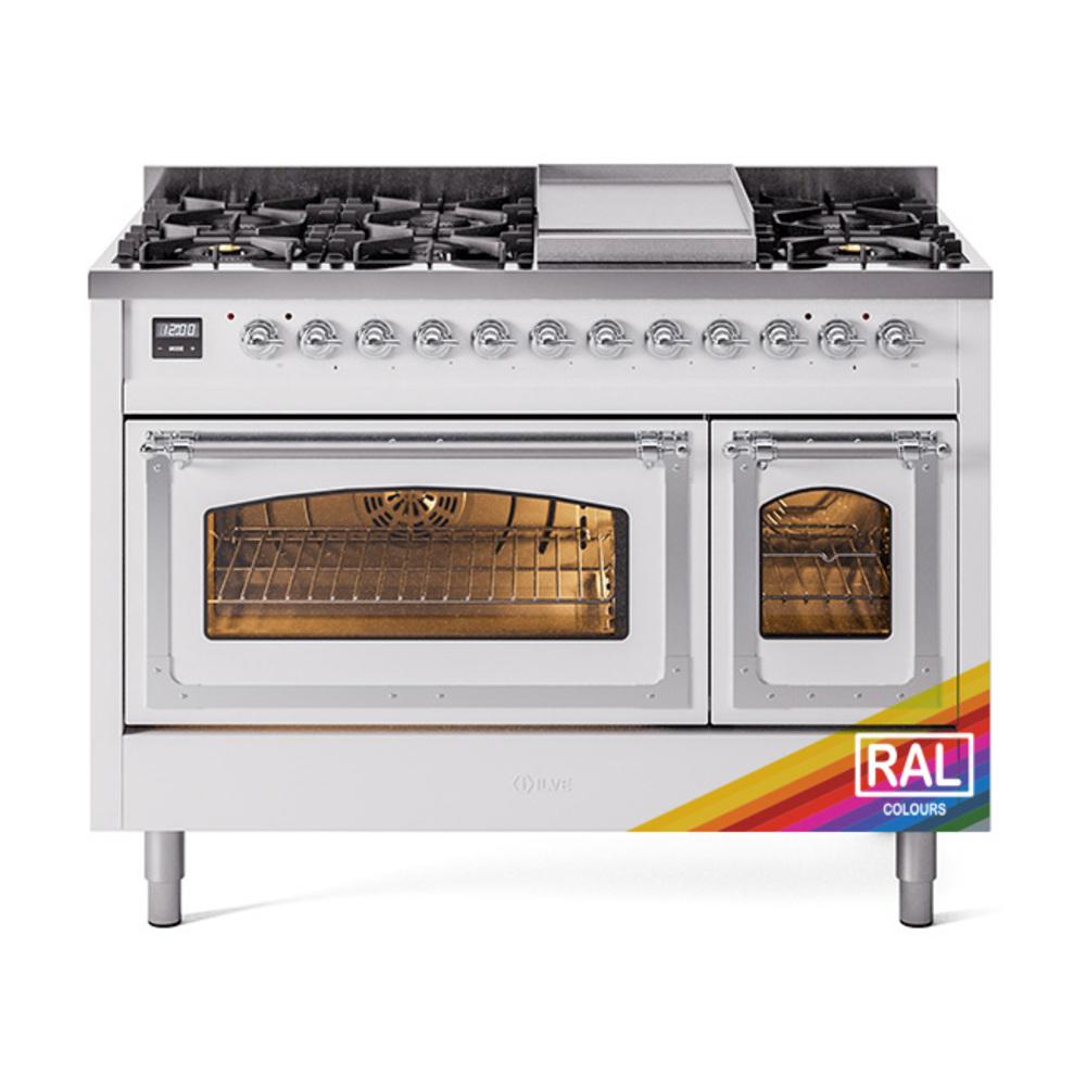 Ilve UN48FNMPRACLP Ilve Un48Fnmpraclp Nostalgie Ii Noblesse 48" Dual Fuel Range (8 Sealed Burners + Griddle, Liquid Propane, Triple Glass Door, Ral, Chrome)