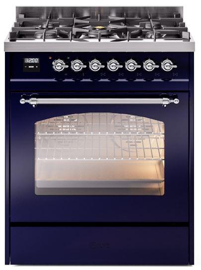 Ilve UP30NMPMBC Nostalgie Ii 30 Inch Dual Fuel Natural Gas Freestanding Range In Blue With Chrome Trim